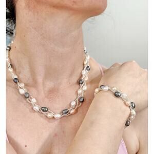 Woven Multi strand Multicolor White Pink Black Gray Pearl Necklace Bracelet Set